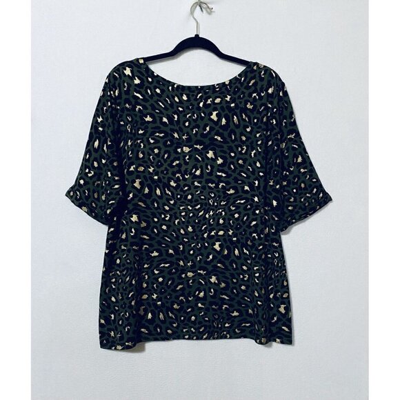 Chicos 2 Womens Large Olive Green Cheetah Print Top Cuffed Sleeve Gold Foil Boho - Picture 5 of 9